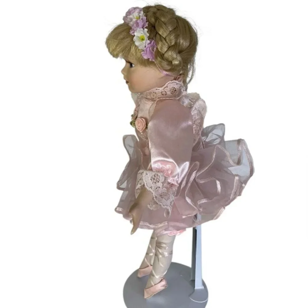 Vintage Ballerina Dancer Porcelain Doll 1990 Pink Satin Tutu Blonde Hair 14”